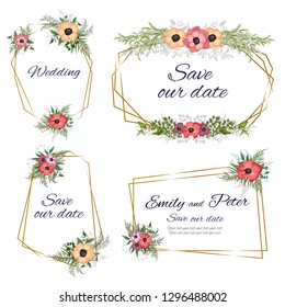 Set of vector gold frames. Polygonal frames with green leaves and anemone flowers. Templates for wedding invitations. All elements are isolated.