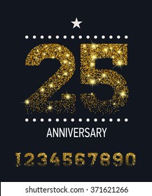 Set of vector gold glittered numbers fading top to bottom for anniversary party celebration. Jubilee birthday festive concept design card with large glittering gold sparkles numeric symbols or digits