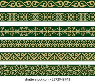 Set of vector gold and green seamless Kazakh national ornament. Ethnic pattern of the nomadic peoples of the great steppe, the Turks. Border, frame Mongols, Kyrgyz, Buryats, Kalmyks.
