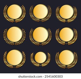 Conjunto de medalla de oro de Vector y laureles sobre fondo oscuro. Elemento de diseño para la construcción de medallas, premios, escudo de armas o logotipo de aniversario.