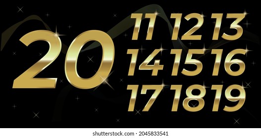 Set of vector gold numbers. 11,12,13,14,15,16,17,18,19,20 - gold numbers with black background and gold details, logo design, poster, banner, art. Set of metallic font typography numbers