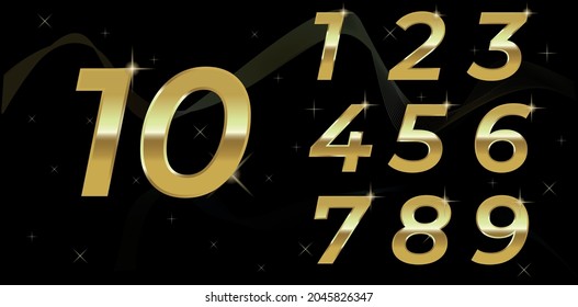 Set of vector gold numbers. 1,2,3,4,5,6,7,8,9,10 - gold numbers with black background and gold details, logo design, poster, banner, art. Set of metallic font typography numbers