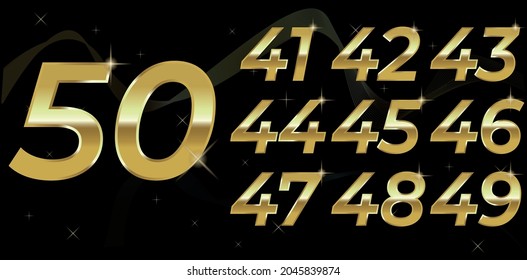 Set of vector gold numbers. 41,42,43,44,45,46,47,48,49,50 - gold numbers with black background and gold details, logo design, poster, banner, art. Set of metallic font typography numbers