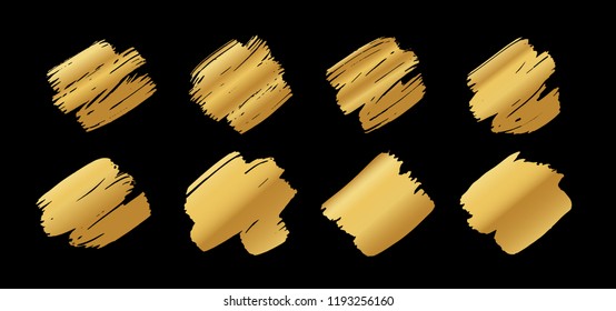 Set of vector gold paint texture, ink brush stroke. Graphic artistic design element, box, frame or background for text.