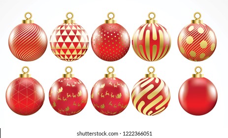 Set of vector gold and red christmas balls with ornaments. golden collection isolated realistic decorations. Vector illustration on white background.