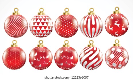 Set of vector gold and red christmas balls with ornaments. golden collection isolated realistic decorations. Vector illustration on white background.