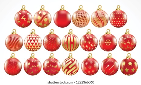 Set of vector gold and red christmas balls with ornaments. golden collection isolated realistic decorations. Vector illustration on white background.