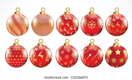 Set of vector gold and red christmas balls with ornaments. golden collection isolated realistic decorations. Vector illustration on white background.