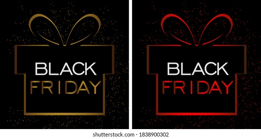 Set. Vector gold and red illustration. Black friday big sale background with gift box in gold and red. Modern design.Background for poster, banners, flyers, postcards.
