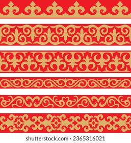 Set of vector gold and red seamless Kazakh national ornament. Ethnic pattern of the nomadic peoples of the great steppe, the Turks. Border, frame Mongols, Kyrgyz, Buryats, Kalmyks.
