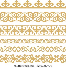 Set of vector gold seamless Kazakh national ornament. Ethnic pattern of the nomadic peoples of the great steppe, the Turks. Border, frame Mongols, Kyrgyz, Buryats, Kalmyks.
