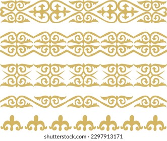 Set of vector gold seamless Kazakh national ornament. Ethnic pattern of the nomadic peoples of the great steppe, the Turks. Border, frame Mongols, Kyrgyz, Buryats, Kalmyks. Golden ornament of curls.