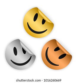 set of vector gold, silver, bronze bent sticker with smiling face