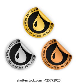 set of vector gold silver bronze bent sticker with symbol of fresh product, water drop icon