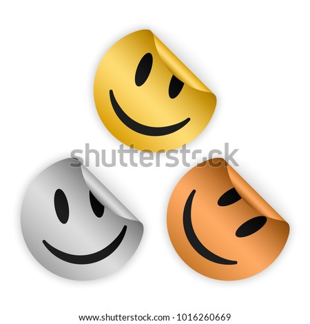 set of vector gold, silver, bronze bent sticker with smiling face