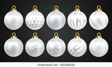 Set of vector gold and silver christmas balls with ornaments. golden collection isolated realistic decorations. Vector illustration on white background.
