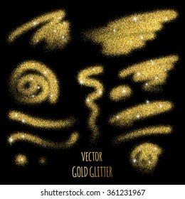 Set of vector Gold sparkles on black background. Gold glitter background. 