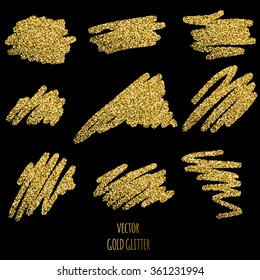 Set of vector Gold sparkles on black background. Gold glitter background. 