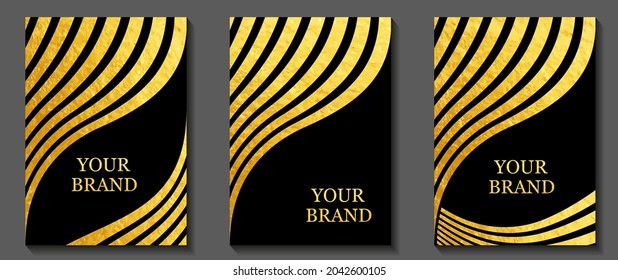 Set Of Vector Gold Texture With Waves On The Black Background. Cover. Wedding Invitation Design. Golden Vector Illustration For Poster, Banner, Flyer, Mobile App.	