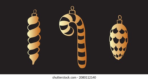 Set of vector gold toy, decoration in form of candy for xmas tree, in flat doodle style. Clip art for Merry Christmas and New Year