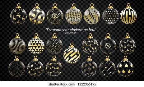 Set of vector gold and transparent christmas balls with ornaments. golden glass collection isolated realistic decorations. Vector illustration on white background.