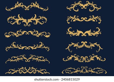 Set vector of gold vintage decorative floral ornament. Flourish, baroque, filigree, border, frame, corner element. design for greeting, page decoration cards, wedding invitation, banner, frames.