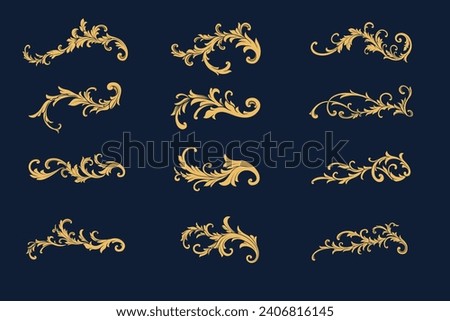 Set vector of gold vintage decorative floral ornament. Flourish, baroque, filigree, border, frame, corner element. design for greeting, page decoration cards, wedding invitation, banner, frames.