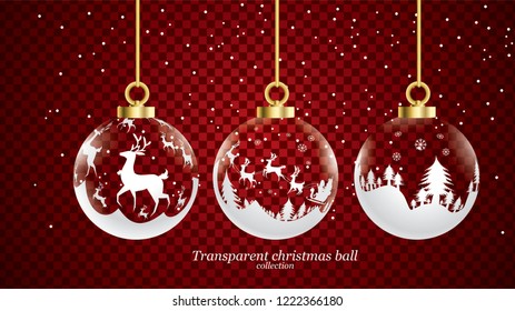 Set of vector gold and white transparent christmas balls with ornaments. glass collection isolated realistic decorations. Vector illustration on white background.