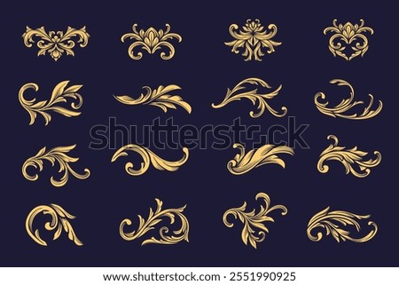 Set vector of Golden arabesque, flourish, damask ornaments. Fancy Victorian graphic element. Vintage Gold Baroque calligraphy decorative ornamental.