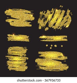 Set of vector golden blots and splashes. Bright foil. Glowing background with glitter. Shiny vector backdrop.
