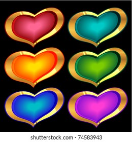 set of vector golden and color hearts on black