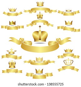 Set of vector golden crown with curves banner