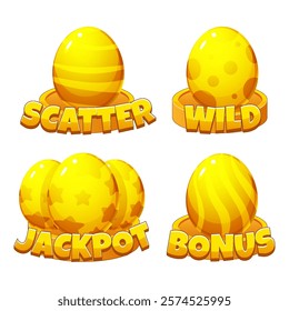 Set of vector golden Easter eggs. Slot symbols- Jackpot, Wild, Bonus and Scatter for Easter slot machine