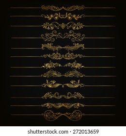 Set of vector golden floral filigree dividers. Floral decorative elements, borders for page, web site decoration. Vector illustration EPS 10.