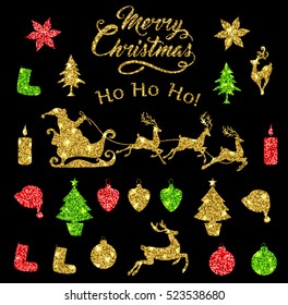 Set of vector golden glitter Christmas design elements