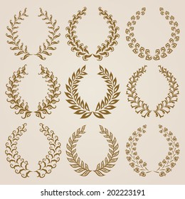 Set of vector golden laurel wreaths. Page decoration, floral elements. Vector illustration in vintage style.