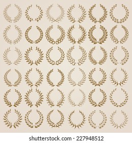 Set of vector golden laurel wreaths. Page decoration, floral elements. Vector illustration in vintage style