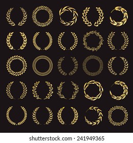 Set of vector golden laurel wreaths. Vintage designs. Leaves and branches round frames. Black back.