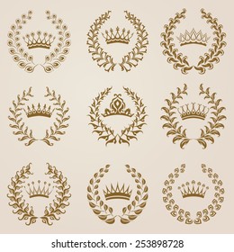 Set of vector golden laurel wreaths, crowns. Page decoration, heraldic symbol, floral elements for design of diploma, certificate, logo. Vector illustration in vintage style.