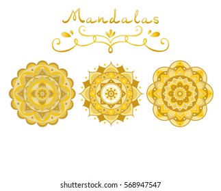 Set of vector golden mandalas isolated on white background.