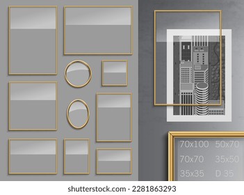 Set of vector golden metal or chrome modern frames for mockup posters and paintings on the wall. Transparency effect. Standard sizes