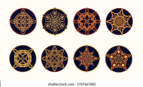 Set of vector golden ornate folk round historical gothic floral motifs on a white background