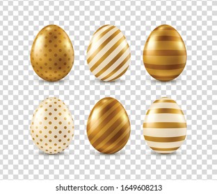 Set of vector golden realistic Easter eggs isolated on transparent background. Decorative design elements for Easter design.