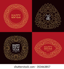 Set of vector golden, red and black New Year badges and labels for greeting cards or gift tags. Design elements for holiday backgrounds, flyer, invitation, banner. Outline flourish round frames.