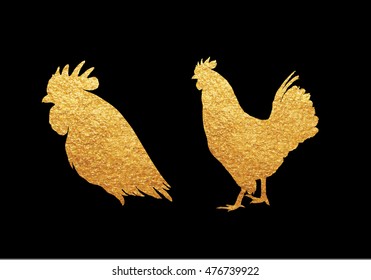 Set of vector golden rooster on black background.