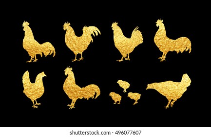 Set of vector golden rooster on black background. Chinese calendar for the year of golden rooster 2017. Rooster golden silhouette