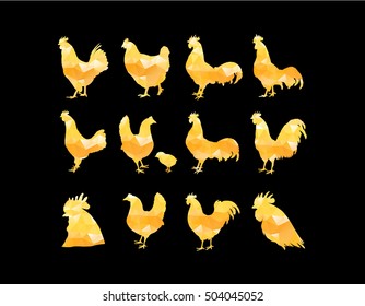 Set of vector golden rooster silhouette on black background. Can be use for Chinese calendar for the year 2017.