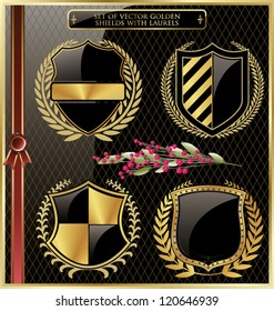 Set of vector golden shields with laurels