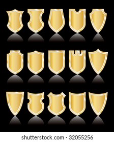 set of vector golden shields on black, layered and editable