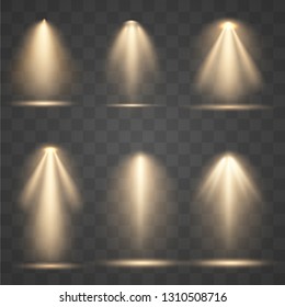 Set vector golden spotlights. Scene light effects.